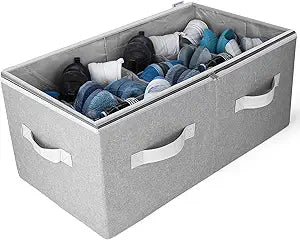 Moteph Shoe Organizer Closet Storage Solution with Clear Cover & Adjustable Dividers for Shoes, Handbags, Blankets, Linen, Clothing (Large - 24 Pairs, Grey)