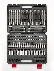 107-Piece Master Torx & Allen Bit Socket Set, S2 Steel, 1/4" 3/8" 1/2" Drive, Long Torx, Ball End Hex, Tamper-Resistant Star, E-Star Sockets, SAE & Metric (Chrome-Polished Set)