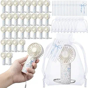 30 Pcs Mini Portable Handheld Fans Bulk Blue Beach Bow Baby Shower Wedding Favors Battery Powered Handheld Fans for Summer Gender Reveal Bridal Shower Bridesmaid Wedding Party Favors