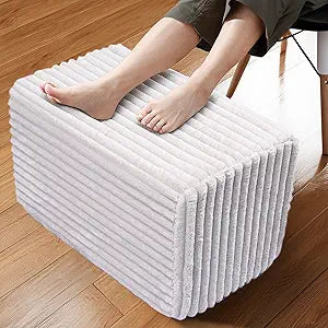 Rectangular Pouf Ottoman, Stuffed Floor Pouf with Foam Chunk Filling, Soft Coral Fleece Furry Foot Rest Stool, Multi-Use Ottoman for Living Room, Wide Stripe Boho Decor, White