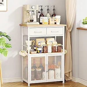 SWTYMIKI Coffee Bar Cabinet with Drawer - 20.47" Coffee Stand Station with Removable Hooks, Buffet Cabinet for Coffee Maker or Microwave, Kitchen Bar Table Storage Organizer, Natural