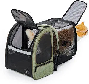 Petsfit Expandable Pet Backpack Carrier for Cats & Small Dogs up to 18 lbs Foldable Travel Backpack with Mesh Ventilation & Lockable Zippers for Hiking, Camping Green