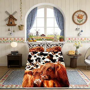 Milk Cow Print Sheet Set Full Size, Farmhouse Animal Skin Highland Cattle Fitted Sheet, Cheese Pie Delicious Food Brushed Soft Decorative Fabric Bedding Deep Pocket with 2 Pillowcases