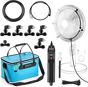 Fan Misting Kit with Rechargeable 4000mAh Water Pump, Portable Misting System with 6 Gallon Bucket, 16FT Hose, 5 Mist Nozzles & 50 Zip Ties, Outdoor Cooling Fan Mister for Patio, Camping, Beach