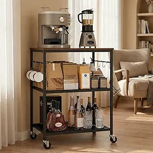 Homleke 3-Tier Rolling Kitchen Microwave Cart, Kitchen Utility Cart on Lockable Wheels, Coffee Bar Table Station with 6 S-Shaped Hooks, Small Appliance Storage Shelf, Rustic Brown and Black