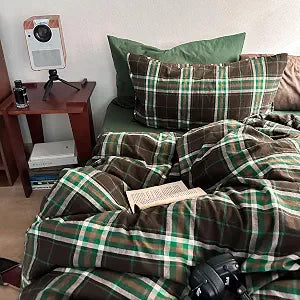 Vintage Buffalo Plaid Duvet Cover Set King 100% Washed Cotton Brown & Green Checkered Duvet Cover 3 Piece Plaid Grid Bedding Set Super Soft Breathable Gingham Comforter Cover with Zipper Closure