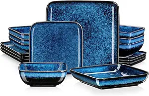 vancasso Stern Dinnerware Set,Square Tableware Kitchen Dinnerware Stoneware Crockery Set with Dinner Plate, Dessert Plate, Bowl and Soup Plate,Blue Service for 4 (16 Pcs)