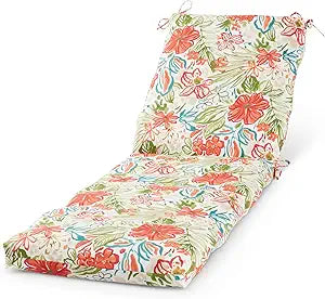 Modern Outdoor Chaise Lounge Cushion with Ties Durable Polyester Fabric, Channel-Filled Polyfiber Insert, Removable Zippered Cover, Breeze Floral