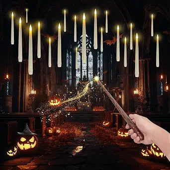 Homemory 20PCS Floating Candles with Wand Remote, Flameless Hanging Taper Candle with Flickering Warm Light, Battery Operated Magic Deco Candles for Halloween, Christmas, Birthday, Indoor Decor