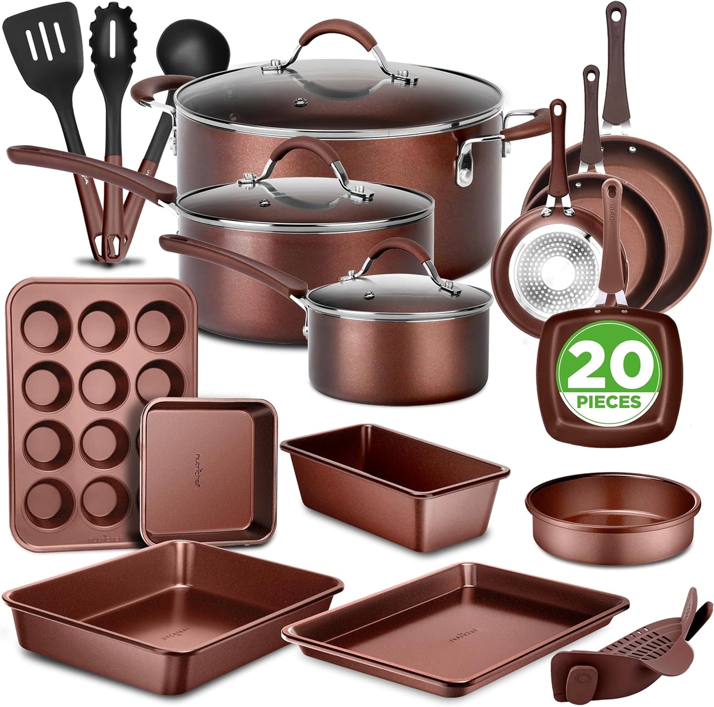 NutriChef Nonstick Cookware Set, 20-Piece Premium Kitchen Cookware Set with Pots, Pans, Bakeware & Utensils, Non Stick Pots and Pans Compatible with Gas, Electric, Ceramic & Induction Cooktops (Black)