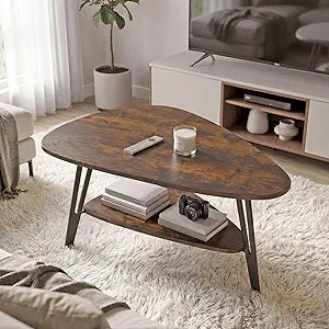 MWOOD Triangle Coffee Table, 33.5Industial Center Table with Brown Top Surface&Black Metal Leg, Extra Storage Shelf for Living Room, Apartment(Rustic Brown&Black)