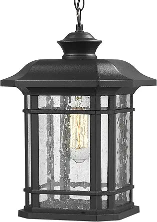Emliviar Modern Exterior Pendant Light Lantern, 14" Outdoor Hanging Light in Black Finish with Seeded Glass, A2202110D1