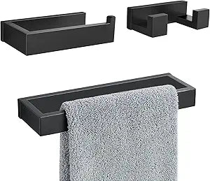 3 Pieces Matte Black Bathroom Hardware Accessories Set,SUS304 Stainless Steel Towel Holder Set Towel Holder Robe Hook Toilet Paper Holder Wall Mounted