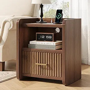 Night Stand with Charger Station - Modern Wood Nightstand with Drawer Storage, Fluted Wide Nightstands Bedside Table, Mid Century Night Stands for Bedroom Home Office Sofa, Walnut