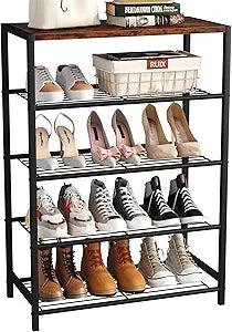 Yusong Shoe Rack Organizer, 5 Tier Industrial Shoe Storage Shelf, Narrow Sturdy Metal Shoe Shelves for Closet Entryway, Rustic Brown