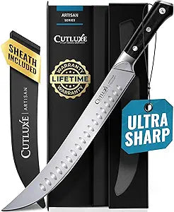 Cutluxe Butcher Knife 10 Cimeter Breaking Knife, Razor Sharp Forged High Carbon German Steel, Full Tang Meat Carving Knife, Ergonomic Handle Design, Grilling Gifts for Men Artisan Series