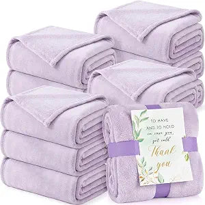 Buryeah 12 Pack Lavender Oeko-Tex Certified Bulk Wedding Blankets for Guests, 50 x 60 Inch Flannel Throw with Thank You Cards & Ribbon, Bulk Wedding Souvenir Gifts, Spa & Sleepover Party Favors