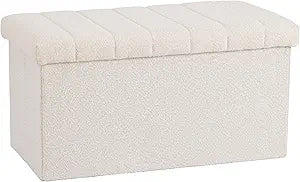 Seville Classics Cushioned Fabric Ottoman Hidden Storage Chest Footrest Chair, Padded Seat for Bedroom, Dorm, Loft, Living Room, Entryway, Hallway, White Boucle, 30" Bench