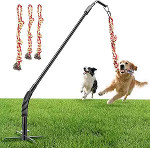 Tether Tug Outdoor Dog Rope Toy, Adjustment Height Upgraded Spring Pole, Includes 3 Chew Ropes, Interactive Tug of War Toy for Large Medium Small Dogs, Exercise Game in Yard, Lawn, Park