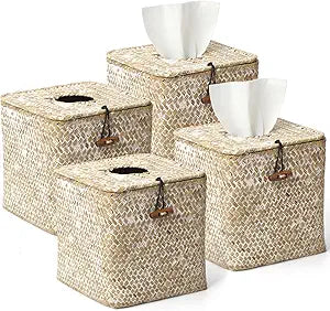 4 Pack Seagrass Tissue Box Cover Square Woven Tissue Box Holder Square Boho Decor Tissue Holder with Lid Farmhouse Tissue Box Cover for Toilet Bathroom Living Room Kitchen Bedroom Office Dorm