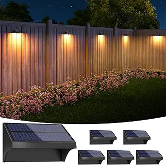 NIORSUN Outdoor Fence Lights, 6 Pack Waterproof LED Solar Fence Lights with 1500mAh Battery, Warm White/Cool White/RGB, Easy-to-Install Wall Light for Deck, Patio, Railing, Stairs, Backyard Black