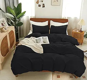 Black Cotton Duvet Cover Queen Set 3 Pieces, 1 Duvet Cover 90x90 (Comforter Not Included) and 2 Pillowcases,4 Ties and Zip Closure, Soft and Breathable, Black,Queen