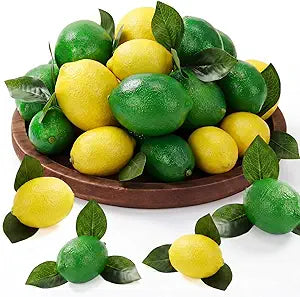 36 Pcs Fake Lemons 3.5 Inch and 2.8 Inch Yellow Green Artificial Lemons, 36 Pcs Faux Lemon Leaves, Lifelike Simulation Fake Fruit for Kitchen Table Cabinet Holiday Party Photography Props Decor