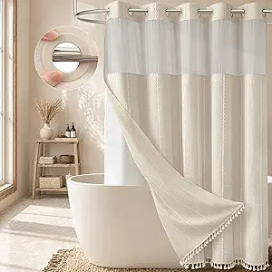 BTTN Ringless Extra Long Shower Curtain with Snap in Liner, 72x87 Tall Boho Vintage Linen Fabric Tassel Shower Curtain, Farmhouse Rustic Waterproof Cloth Bath Curtain, Mesh Top Window, Beige/Cream