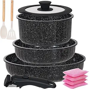 Vivicreate 11 Piece Pots and Pans Set Nonstick with Removable Handle, Induction Cookware, Stackable Kitchen Set for RV Camping Apartment, Frying Pan and Saucepan (Black)