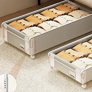 Fokyfok 2Pack Under Bed Storage with Wheels,6.7"-9" Adjustable Height Underbed Storage,Under Bed Storage Containers,Rolling Under Bed Clothes Storage,Metal Under Bed Drawers for Shoes,Blankets,Toys