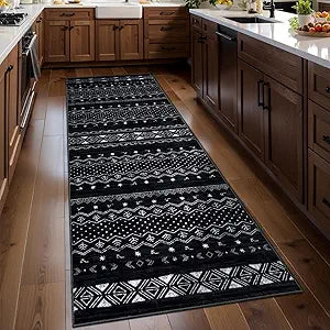 SERISSA 2x6 Kitchen Runner Rug, Washable Non-Slip Black and White Boho Rug, Soft Low-Pile Geometric Indoor Carpet for Hallway Laundry Room Bathroom Bedroom Entryway