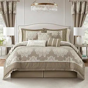 Stratford Park Beige Comforter Set King, 15 Pieces Room in a Bag, Elegant Patchwork Damask Jacquard Bedding Set, Matching Bedskirt, Flat Sheet, Fitted Sheet, Pillow Shams, Curtains