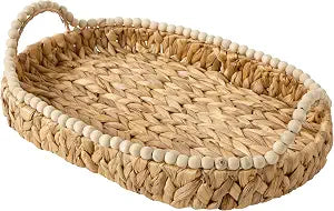 Gibson Home Riverrun Grove 17" Woven Decorative Serving Tray Large Natural Water Hyacinth Basket w/Wood-Bead Trim & Handles for Coffee Table Dcor, Ottomans, Centerpieces & Kitchen Counter Display