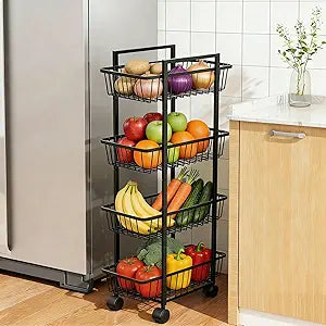 Simple Trending 4 Tier Rolling Fruit Vegetable Basket Cart, Black