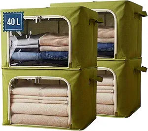 Closet Storage Bins - 3 Openings Clothes Cube Storage Bin with METAL FRAME (Green, 40L, 4 Units) - bed sheet organizer - blankets - bedsheet organizers - closet -sweater - hoodie - shoe