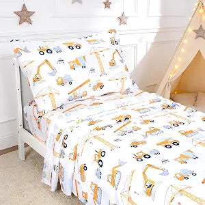 JISEN Twin Sheets Set Kids 3 Piece with Deep Pocket Construction Trucks