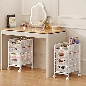 Rolling Makeup Cart Organizer with 3 Drawers, 4-Tier Narrow Floor Skincare Organizers with dividers, Vanity Organizer Cosmetics Display Cases for Makeup Brush, Hair Tool, White