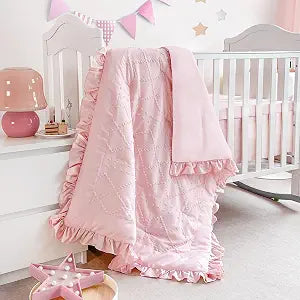 Crib Bedding Set for Girls 3-Piece Tufted Ruffle, Baby Bedding Crib Set Include Boho Crib Comforter, Crib Fitted Sheet and Crib Skirt, Pink