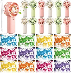 Dansydaisy 24pcs Mini Portable Fan and Luau Make up Bags Bulk Small Handheld Personal Fan Tropical Hawaii Cosmetic Pouch with Zipper for Men Women Outdoor Travel Camping Party Gift