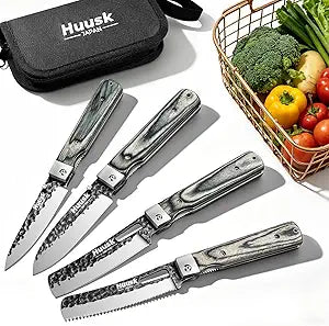 Huusk Folding Chef Knife Set - Japanese Hand Forged Pocket Knife Set - Including Nakiri, Santoku, Bread and Fruit Knives - Gifts for Men and Women