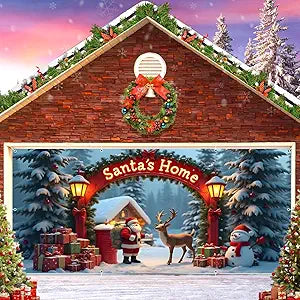 Christmas Garage Door Cover Decorations Banner Backdrop 7x16ft Large Hanging Winter Xmas 2 Car Garage Door Cover,Snowy Tree Santas Home Reindeer Christmas Backdrop Decor,Outdoor Holiday Decorations