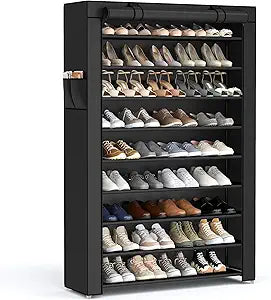 SONGMICS 10-Tier Shoe Rack, Shoe Storage Cabinet with Dustproof Cover, Free-Standing Shoe Storage Organizer for Closet, Entryway, Hold 40-50 Pairs of Shoes, for Sneakers, High Heels, Black URXJ36HV1