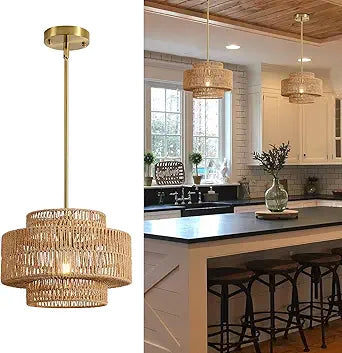 12.4 Boho Rattan Chandelier Light Fixture, 1-Light Hand Woven Pendant Light Fixture Farmhouse Rustic Hanging Lamp for Kitchen Island Bedroom, Dining Room, Living Room, Entryway, Foyer