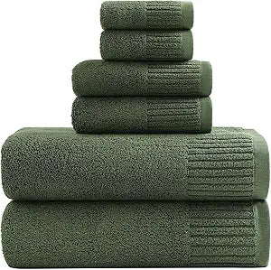 YTYC Bath Towels Set of 6, 100% Cotton, 650GSM, Ultra Soft Highly Absorbent, 2 Bathroom Towels 27.5x55 Inches, 2 Hand Towels, 2 Washcloths, Perfect for Bathroom, Gym, Spa, Olive Green