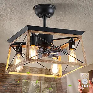 Ceiling Fan with Lights Remote Control, 6 Speeds Walnut Colored Farmhouse Industrial Ceiling Fan, Caged Ceiling Fan with Light for Bedroom Living Room Kitchen