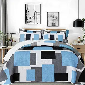 Tyrot 3 Piece Light Blue Quilt Twin Size Blue White Bedding Set