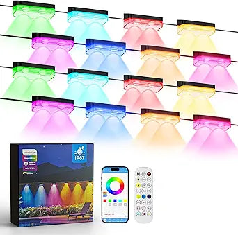 16 Packs Outdoor Deck Lights, Smart RGBIC Fence Light, with APP/Remote Control, 16 Million Monochrome Modes,IP67 Waterproof, Color Changing Fence Lights for Fence100ft