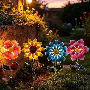 Solar Garden Stakes Lights for Outdoor Decor, 4 Pack Waterproof Metal Art Stick Flowers, Light for Outside Garden Patio Pathway Yard Backyard Porch Lawn