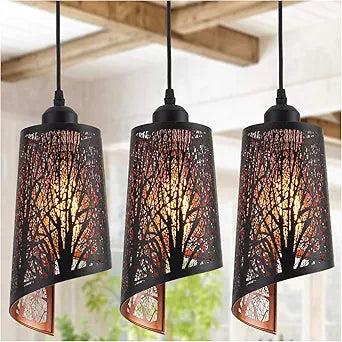 Industrial Black Pendant Light Fixture Vintage Mini Black Pendant Lighting with Gold Finish Rustic Hollow-Carved Small Pendant Light for Kitchen Island, Dining Room, Bedroom, 3 Pack