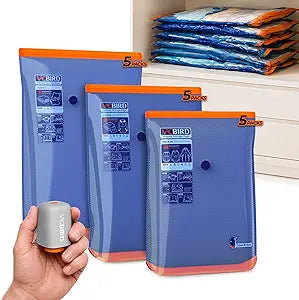 Vacbird Vacuum Storage Bags with Rechargeable Cordless Pump,15 Pack 3 Size Compression Packing Cubes Seal Bags, Space Saver for Clothes and Clothing Blankets Organization Space Saving